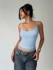 Aloruh Solid Color Lace Patchwork Slim Fit Casual Camisole Top For Summer - Baby Blue - View 6