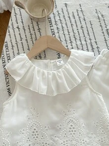 LMoss Kids 两件套女童纯色刺绣荷叶边领吊带背心和长裤套装 - 白色 - 查看 4