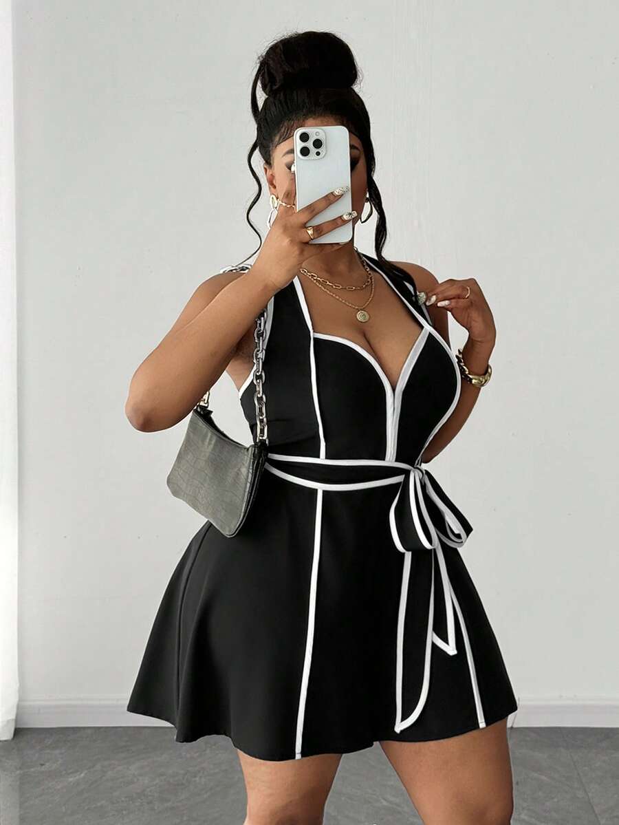 Maweii Plus Size Contrast Color Halter Sexy Cold Shoulder Jumpsuit - Black and White - View 1