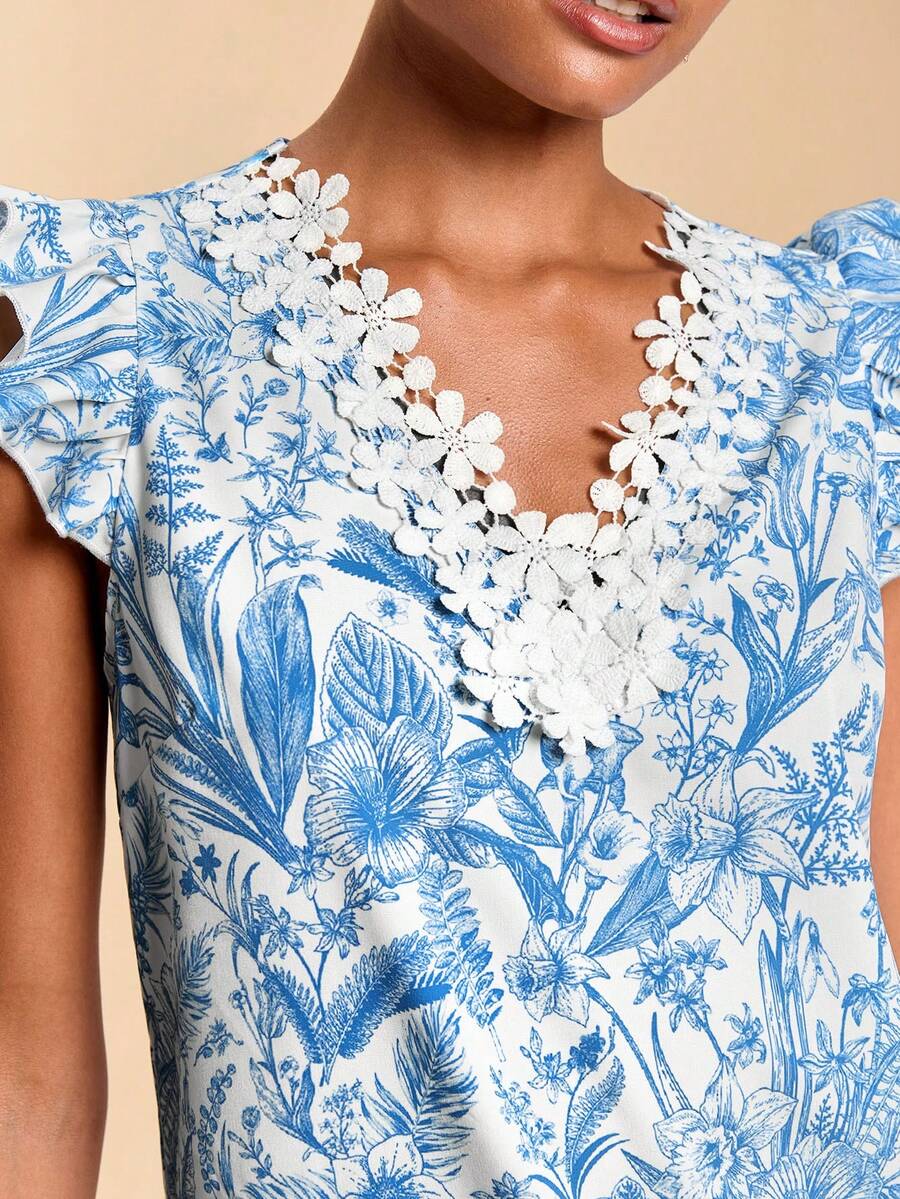 Travachic 女士印花装饰V领短袖时尚衬衫，适合度假休闲场合，夏季假期、春假、派对、海滩、春季、情人节、女士情人节、狂欢节服装，优雅、印花、狂欢节、春夏、派对、夏季上衣、情人节上衣、婚礼宾客上衣、生日上衣、派对上衣、优雅女士上衣、印花上衣、夏季上衣、狂欢节服装、墨西哥风情波西米亚风女士上衣 - 藍白色 - 查看 1