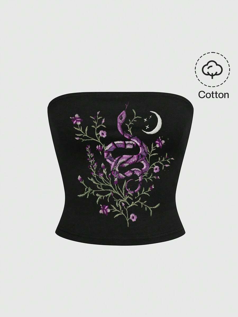 ROMWE Goth 暗黑哥特风花卉花园嬉皮士叶子蛇月亮印花棉质吊带背心 - 黑色 - 查看 1