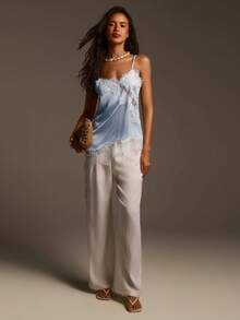 Athîral Women's Casual Asymmetric Spaghetti Strap Off Shoulder Sleeveless Romantic Sexy Blue Lace Blouse - Blue and White - View 3