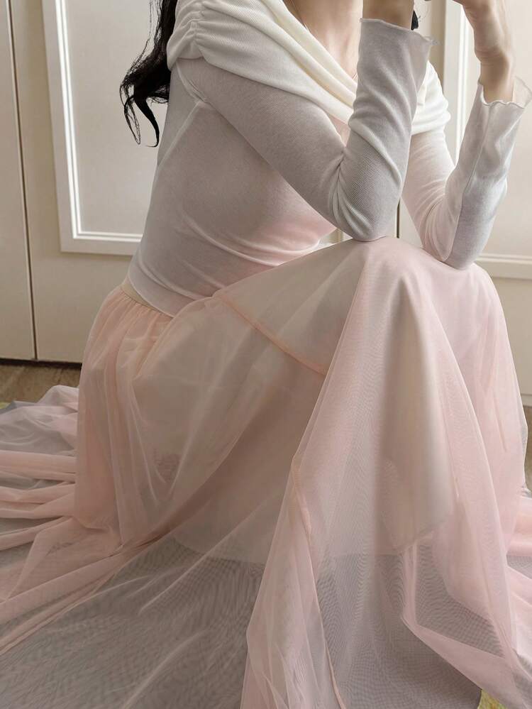 Women's Solid Color Mesh A-Line Skirt, Elegant For Spring/Summer