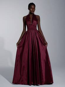 Elitara Elegant, Romantic, Minimalist, Fashionable, Dignified, Olive Green, Knitted Fabric, Halter Neck, Open Back, Extra-Large Skirt, Trailing, Fashionable, Internet Celebrity, Holiday, Vacation, Birthday Party, Wedding Event, Formal Evening Gown - Burgundy - View 5