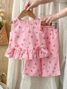 Vintaside Kids 2pcs/Set Baby Girl Casual Cute Bow Sleeveless Top And Pants Set - Red - View 2