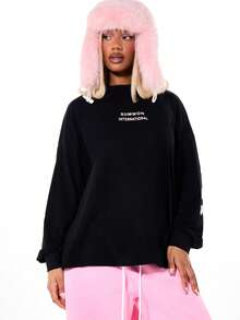 SUMWON WOMEN Oversized Long Sleeve Graphic Tee With New York Print Back Design Statement Top - Black - View 1