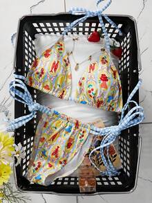 Swim Mod Women's Summer Beach Vacation Floral Print Halter Triangle Bikini Set With Side Tie Bottoms - Multicolor - View 3