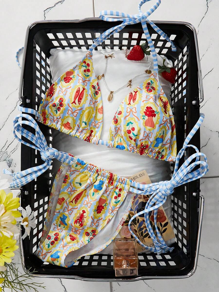 Swim Mod Women's Summer Beach Vacation Floral Print Halter Triangle Bikini Set With Side Tie Bottoms - Multicolor - View 1