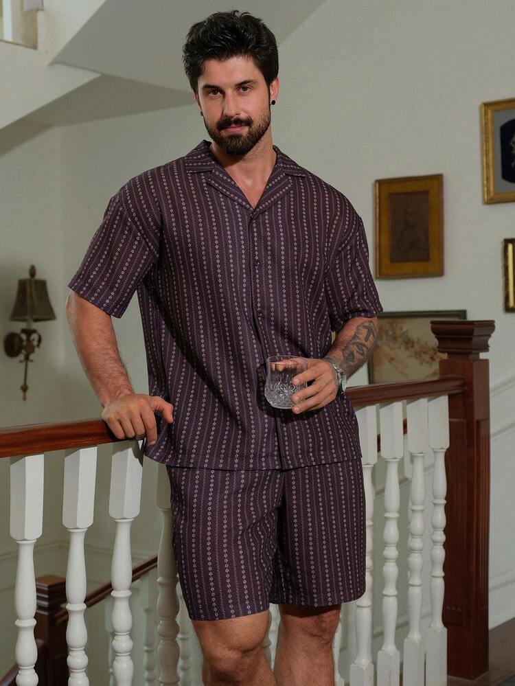 Men's Striped Short Sleeve Shirt And Shorts Pajama Set, Summer