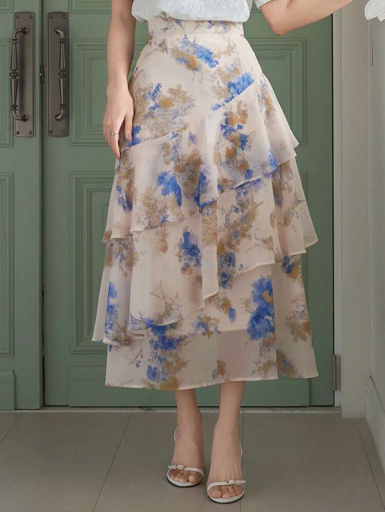 Women's Elegant Floral Ruffle Layered Skirt, Spring/Summer,Wedding Guest Skirt Women