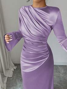 Rafferiza Đầm ôm dáng thanh lịch với thiết kế xếp ly phía trước, tay áo loe bằng vải satin, màu hồng nhạt, phù hợp cho tiệc tùng hoặc mặc hàng ngày, mùa thu/đông. - Màu tím hoa cà - Xem 6