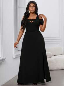 SHEIN Lady New Plus Size Women's Black Off-Shoulder Maxi Dress, Sexy & Charming, Slit Hem Long Dress, Everyday Casual Wear, Date/Hangout/Party/Afternoon Tea Dress, Elegant & Slimming, Showcasing Feminine Charm, Summer Short Sleeve, Vacation, Stretchy Fabric - Black - View 4