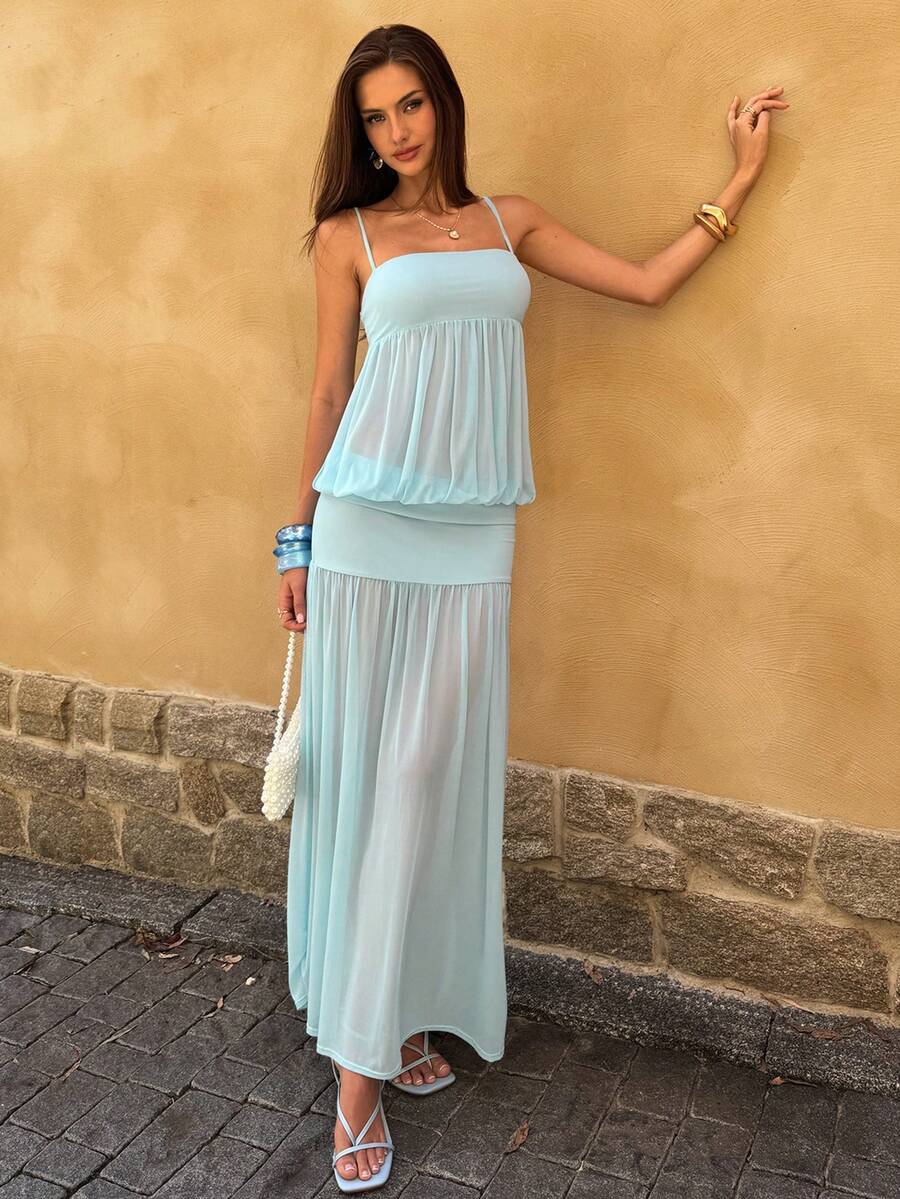 SHEIN BAE 女士优雅长裙，适合海滩度假、优雅外出、海滩场合，蓝色连衣裙，吊带蓝色网纱连衣裙 - 藍白色 - 查看 1