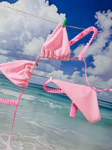Swim Mod New Multicolor Striped Ruffled Adjustable Strap High Cut Seashell Pearl Decor Cute Romantic Beach Vacation Women Bikini Swimwear Set, Spring/Summer - Pink - View 3