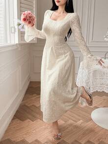 DAZY 女士优雅花卉纹理泡泡袖中长连衣裙，春夏婚礼宾客礼服 - 杏色 - 查看 6