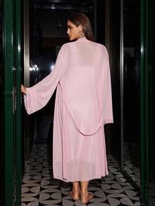 SilkySpell 优雅奢华性感蕾丝拼接缎面睡袍及宽松舒适网纱系带睡袍套装，大码 - 藕粉色 - 查看 4