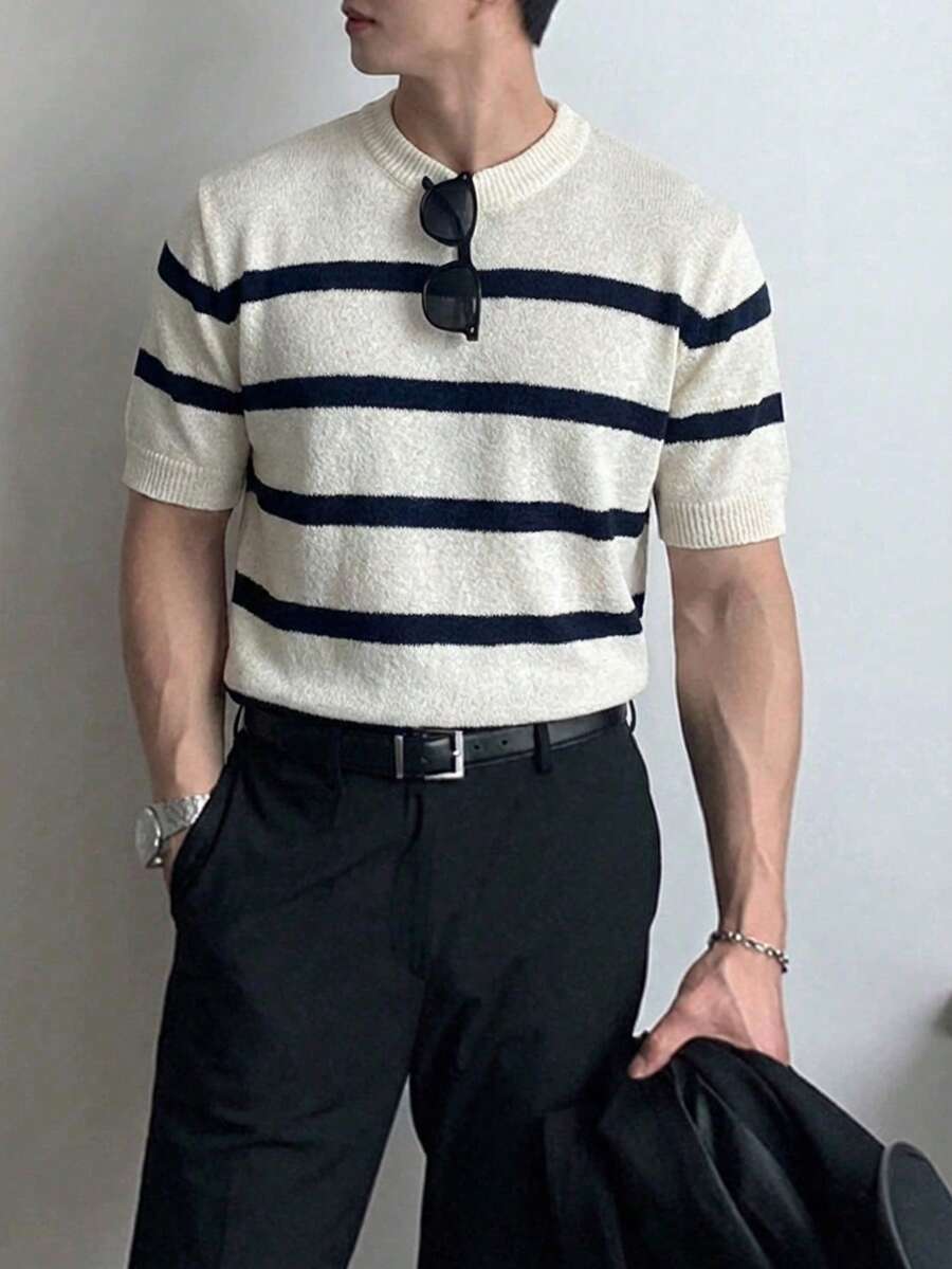 Claim Dot Men's Colorblock Striped Crew Neck Short Sleeve Pullover Knit Top, Spring/Summer 70s Men Retro Summer Turtle Neck Knit Tops For Men Retro Clothes Men Summer Turtle Neck Men Men Knit Tops Jumper For Men - Beige - View 1