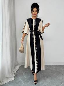 Rafferiza Women's Round Neck Flare Sleeve Contrast Color Ruffle Patchwork Elegant Long Midi Dress,Black And Beige,Summer,Modest,Dining,Party,French - Apricot - View 4