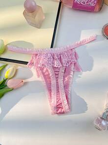 Women's Lace Patchwork Thong Panties, Valentine's Day - Pink - View 2