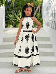 Tween Girls' Sleeveless Top And Mini Skirt Set, Casual & Fashionable, Suitable For Summer Vacation - Apricot - View 3