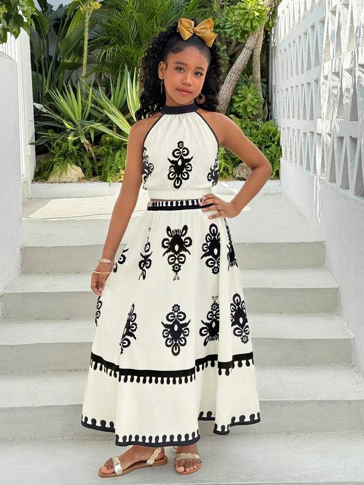 少女无袖上衣和迷你裙套装，休闲时尚，适合夏季假期穿着 - 杏色 - 查看 3