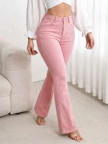 Flexra Quần jeans ống loe cạp cao có túi dành cho nữ, kiểu dáng thường ngày, đa năng. - Hồng - Xem 5