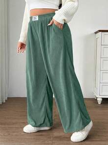 SHEIN EZwear 橄榄绿加大码女式高腰宽松阔腿裤，灯芯绒面料，带口袋和贴布设计，适合校园、日常穿着、室内工作、秋冬季穿着。 - 橄欖綠 - 查看 4
