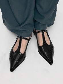 Mnmlis Black Patent Leather Brogues T-Strap Pointed Toe Stiletto Heel Sandals, French Retro Hollow Carved Closed Toe Backless Sandals, High-End Design Genuine Leather Metal Buckle Strap Women Shoes, Niche Luxury Commuter Versatile Dark Style Sandals Valentine's Day - Black - View 8