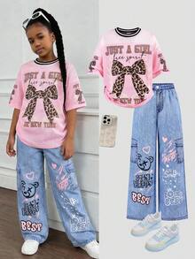 SHEIN 2pcs/Set Tween Girls' Loose Fit Butterfly Print T-Shirt And Denim Print Wide Leg Pants Set, Casual, Fashionable, Versatile, Suitable For Party, Outing, Photoshoot With Sisters, Park, Camping, Vacation, Daily Wear - Pink - View 1
