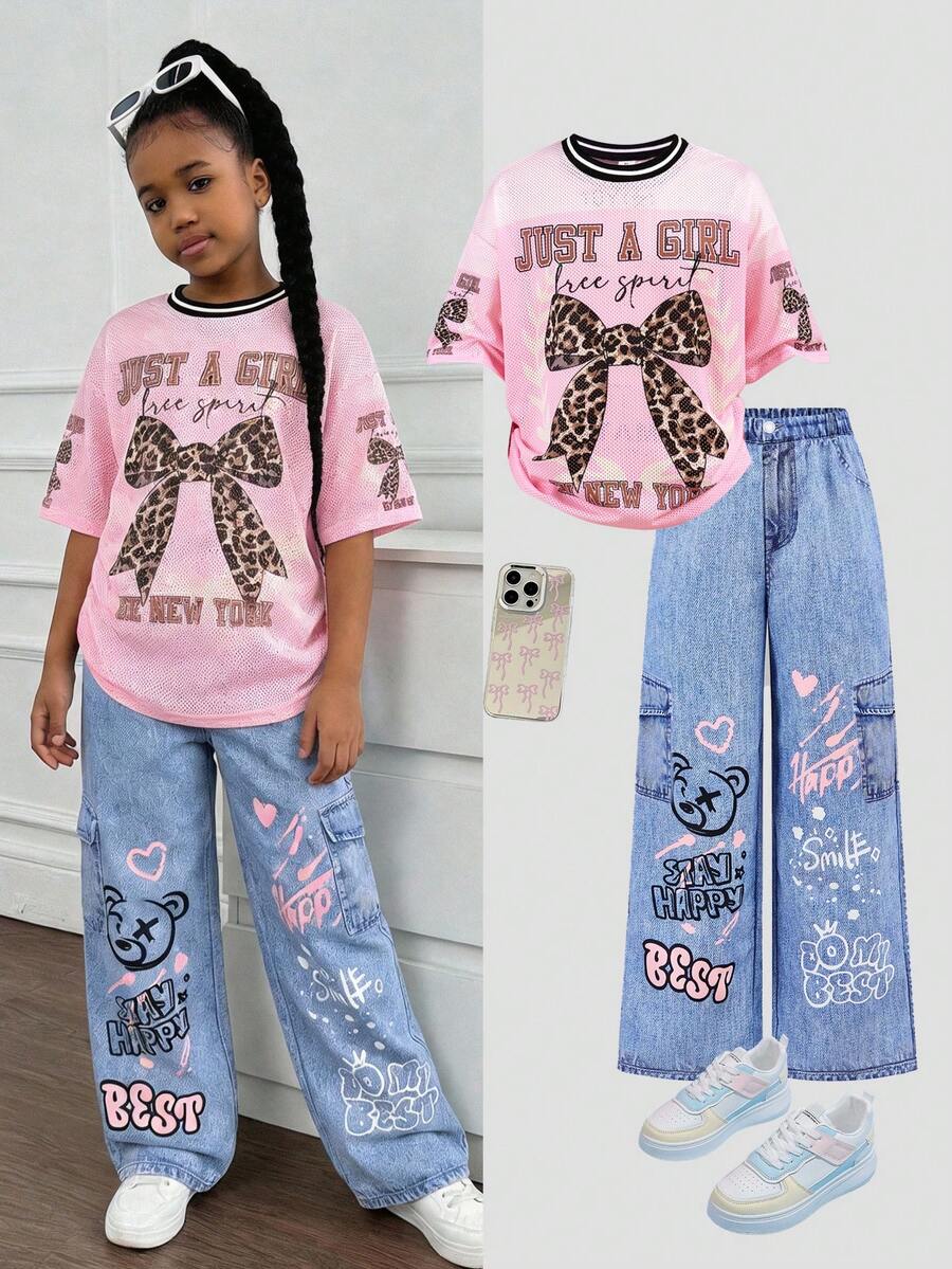 SHEIN 2pcs/Set Tween Girls' Loose Fit Butterfly Print T-Shirt And Denim Print Wide Leg Pants Set, Casual, Fashionable, Versatile, Suitable For Party, Outing, Photoshoot With Sisters, Park, Camping, Vacation, Daily Wear - Pink - View 1