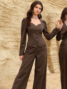 Modelyn 女士棕色条纹系带上衣和直筒裤两件套，春夏款 - 棕色 - 查看 3