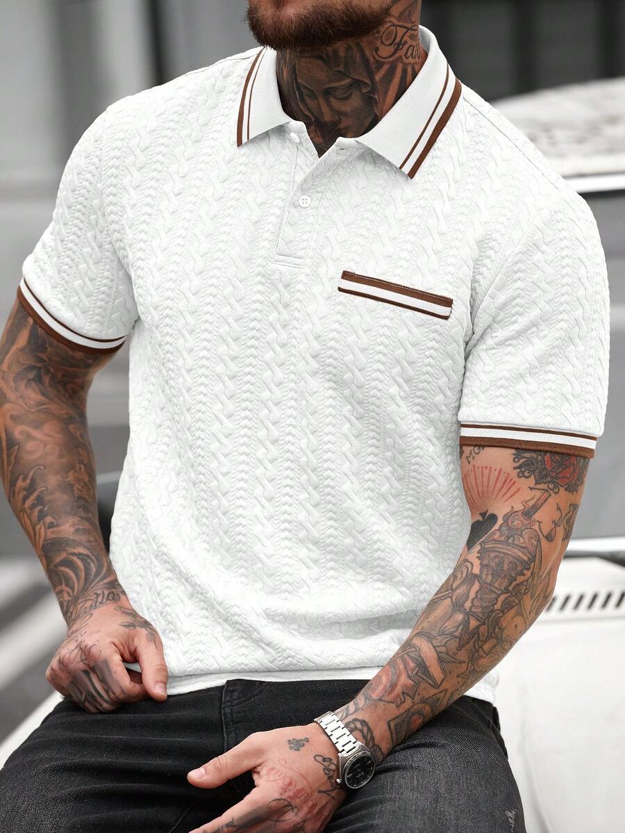 Manfinity CasualCool Men's Striped Short Sleeve Casual Commuter Polo Shirt - White - View 1