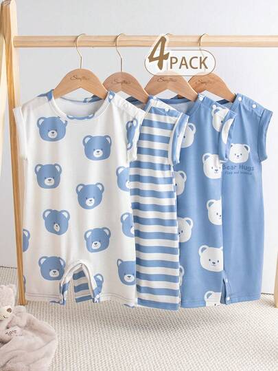 Souflis Souflis Set de 4 piezas Enterizo de verano para bebé niño con estampado de oso, suave y adorable, adecuado para estar en casa, jugar al aire talla grande, 0-3 años