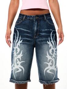 SUMWON WOMEN Print Denim Shorts With Distressed Frayed Hem High Rise Wide Leg Jorts Summer Festival Vintage Washed Casual Bermuda Length - Blue - View 1
