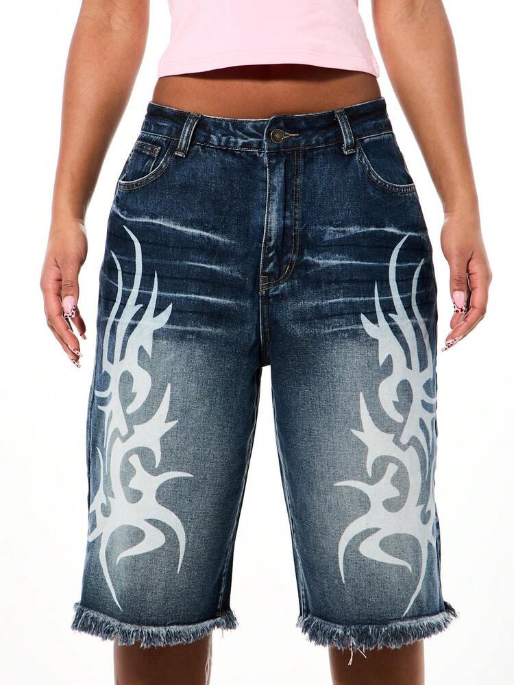 SUMWON Print Denim Shorts With Distressed Frayed Hem High Rise Wide Leg Jorts Summer Festival Vintage Washed Casual Bermuda Length