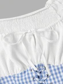 SHEIN MOD Đầm nữ in họa tiết kẻ caro cổ vuông, nhún bèo ngực, tay ngắn - trắng - Xem 6