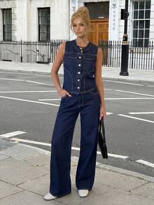 Siren Gaze Women's Casual Denim Suit: Sleeveless Vest + Wide-Leg Pants,Summer Casual Two-Piece Set - Dark Wash - View 5
