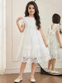SHEIN Tween Girl Elegant Lace Cap Sleeve Ruched Dress, French Elegant Dress, Flower Girl Dress, White Dress - White - View 1