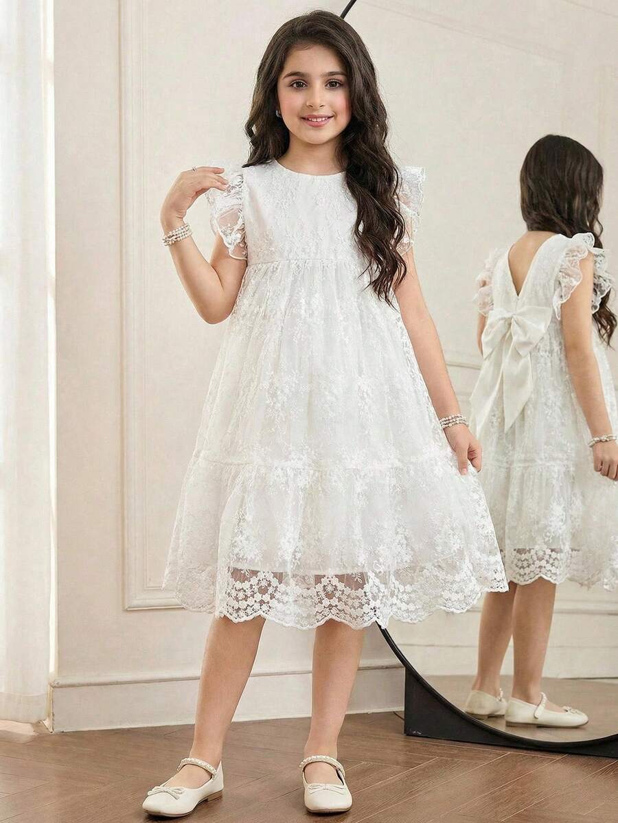 SHEIN Tween Girl Elegant Lace Cap Sleeve Ruched Dress, French Elegant Dress, Flower Girl Dress, White Dress - White - View 1