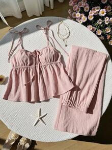 Comfortcana Set Camisole dan Celana Warna Polos Kasual Musim Panas - Dusty Pink - View 3