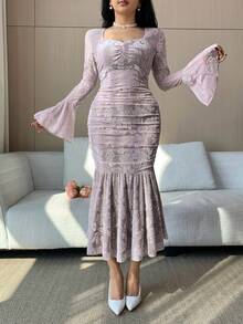 DAZY Đầm maxi dáng xòe đuôi cá xếp ly ren hoa thanh lịch dành cho nữ, thích hợp làm đầm dự tiệc cưới mùa xuân/hè, đầm maxi mùa hè. - Hồng - Xem 5