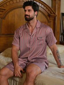 DAZY Summer Striped Short Sleeve Shirt And Shorts Matching Loungewear Set For Men Pajamas - Red and White - View 7