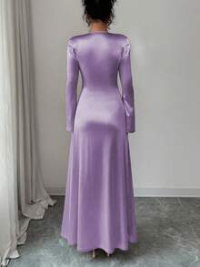 Rafferiza Đầm ôm dáng thanh lịch với thiết kế xếp ly phía trước, tay áo loe bằng vải satin, màu hồng nhạt, phù hợp cho tiệc tùng hoặc mặc hàng ngày, mùa thu/đông. - Màu tím hoa cà - Xem 2