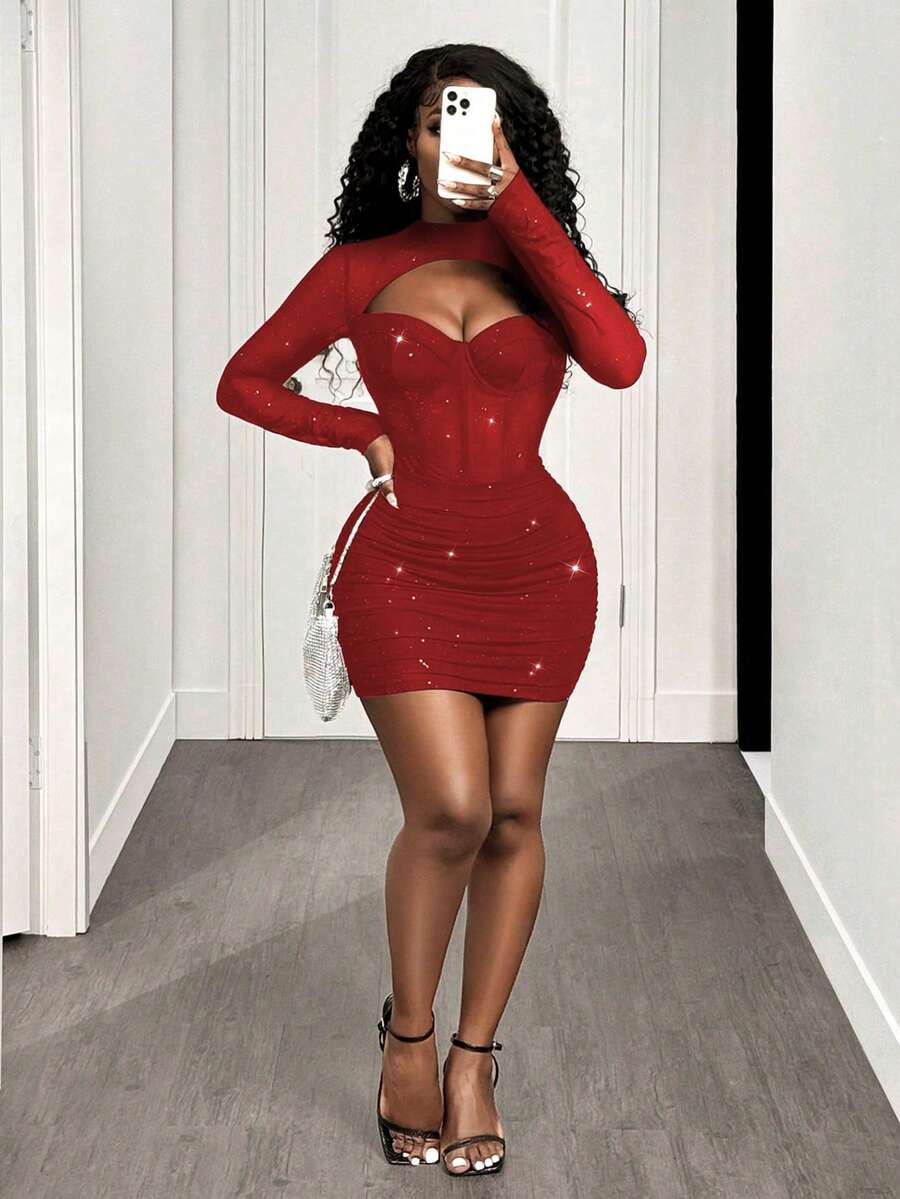 BamGleam Đầm dài tay bằng vải lưới đính sequin và gọng thép dành cho nữ, thích hợp cho mùa Thu/Đông. - Đỏ - Xem 1