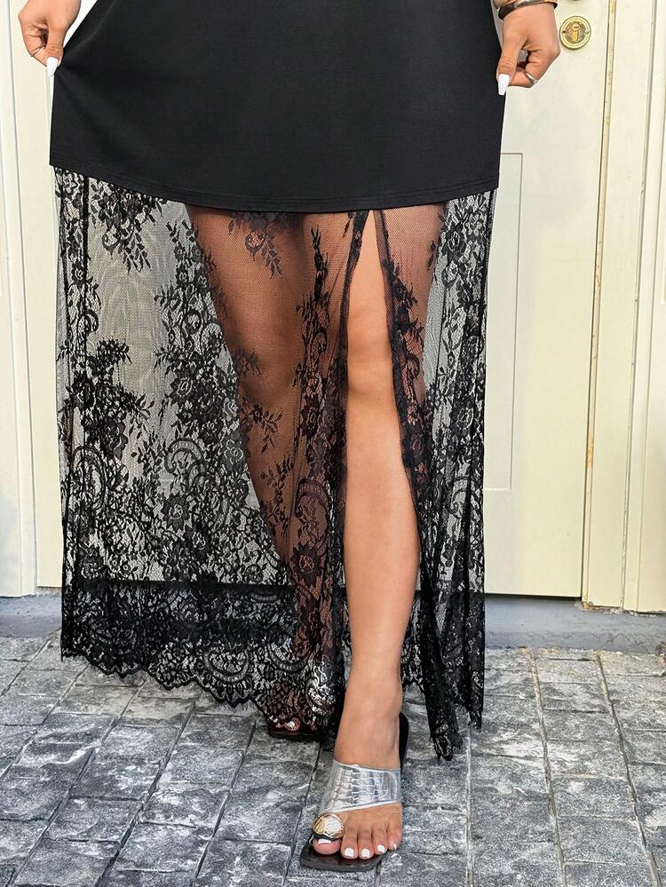 GalTyme 2026SSpring And SummerSummer New Lace Patchwork Loose Short Sleeve Midi DressOutdoor Clothing, Back To School, Street Clothing, Y2K Clothing, Beach Vacation Clothing, Summer Dresses - Black - View 6