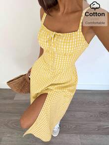 Siren Gaze Đầm midi xẻ tà hai dây in họa tiết kẻ caro thường ngày dành cho nữ, quần áo mùa hè nữ, bộ đồ mùa hè nữ, quần áo nữ, váy chống nắng cỡ lớn cho nữ, váy mùa hè màu vàng, váy chống nắng màu vàng cho nữ, váy cotton mùa hè cho nữ, váy kẻ caro mùa hè, váy mùa hè phong cách boho, váy nữ đi nghỉ lễ năm mới, khu nghỉ dưỡng. - Màu vàng - Xem 3