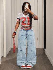 Slaydiva 女士休闲日常水洗斜插口袋阔腿牛仔裤 - 淺色水洗藍 - 查看 6