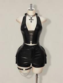 SHEIN ICON Y2k Women's Goth Black Concert Club Going Out Coachella PU Leather Halter Tie Backless Tassel Hollow Out Design Fashionable Versatile Top For Dates & Parties, Spring To Summer - Black - View 10