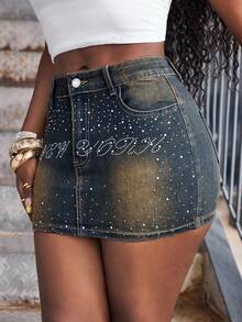 SHEIN BAE Spring/Summer Women's Letter Rhinestone Pocket Bodycon Denim Mini Skirt - Blue - View 3