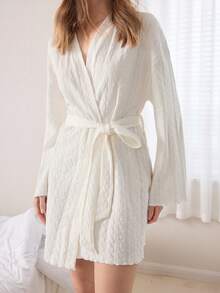 Ocili 100% Cotton Soft & Comfortable Jacquard Weave Ruffled Tie-Front Sleepwear Robe For Women - White - View 5